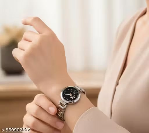 Elegant Floral Dial Women's Stainless Steel Watch
