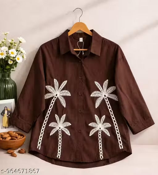 Stylish Fuchsia Palm Embroidered Oversized Shirt