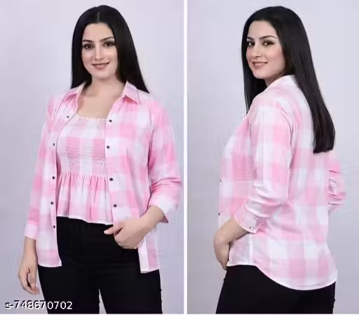 Women & Girls Pink & White Check Stylish Summer Peplum Top For Women
