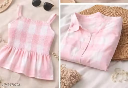 Women & Girls Pink & White Check Stylish Summer Peplum Top For Women