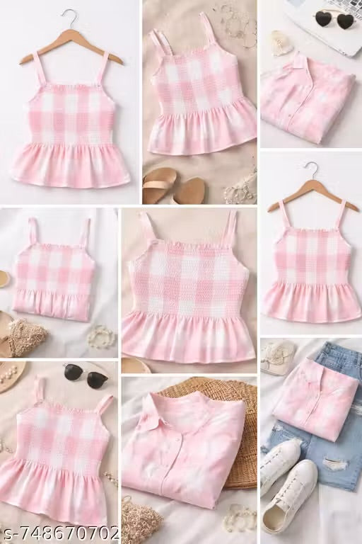 Women & Girls Pink & White Check Stylish Summer Peplum Top For Women