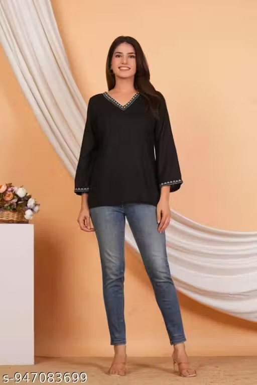 CASUAL RAYON V NECK EMBROIDERY TOP