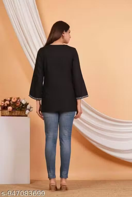 CASUAL RAYON V NECK EMBROIDERY TOP