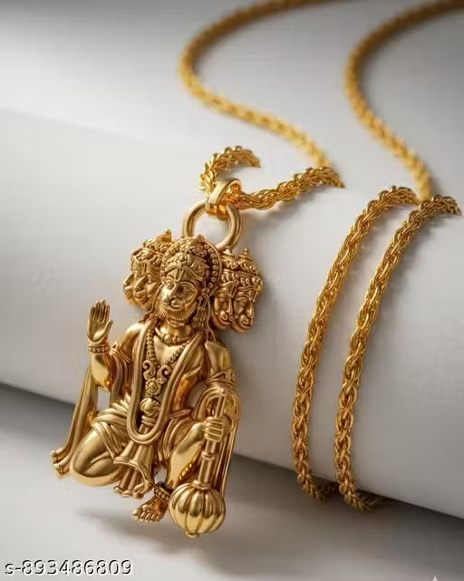 Trending stylish new Hindu religious gold plated brass Panchmukhi Hanuman ji locket