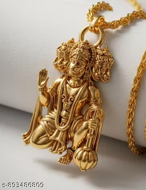 Trending stylish new Hindu religious gold plated brass Panchmukhi Hanuman ji locket