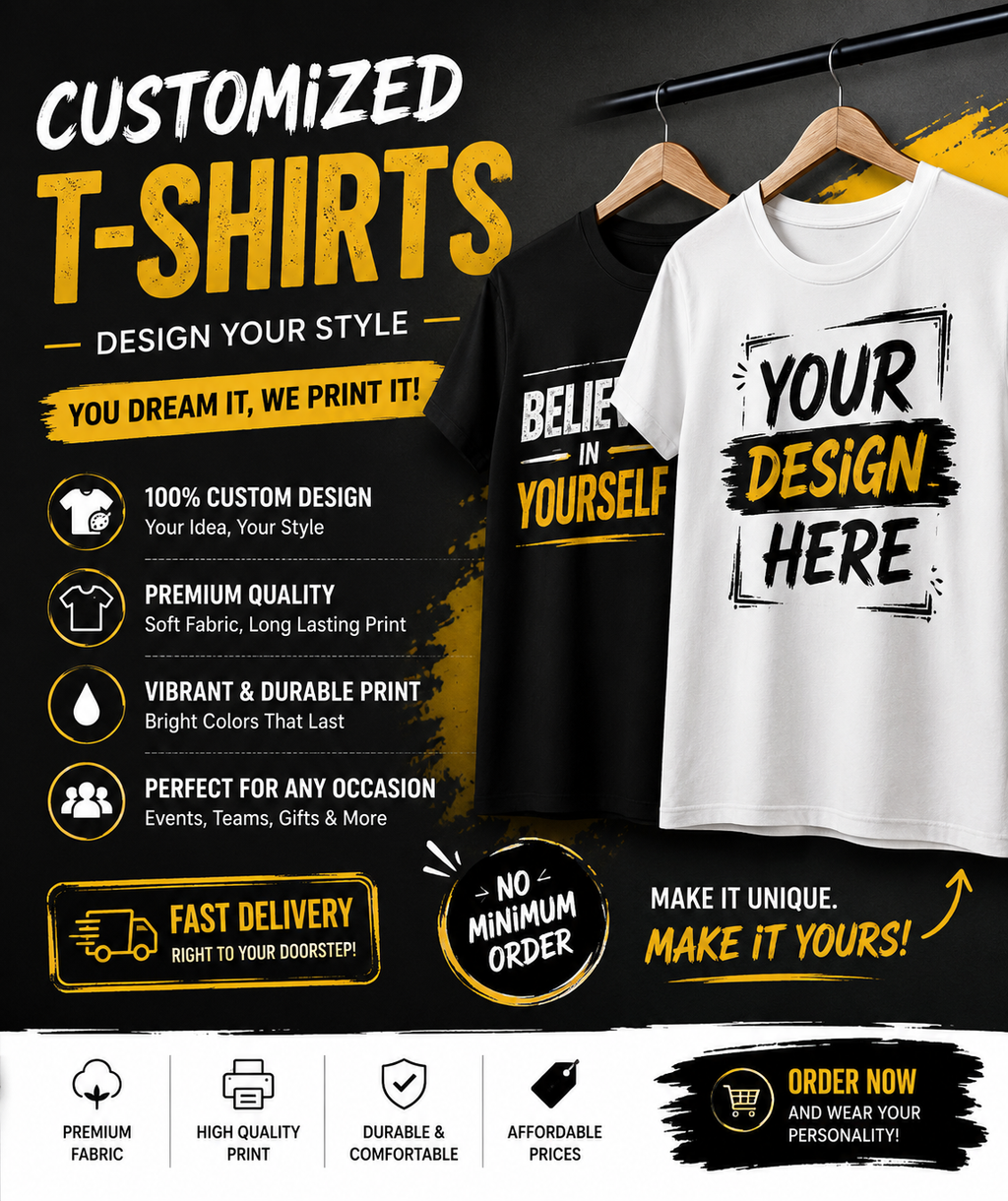 Costomized printed T-shirts.