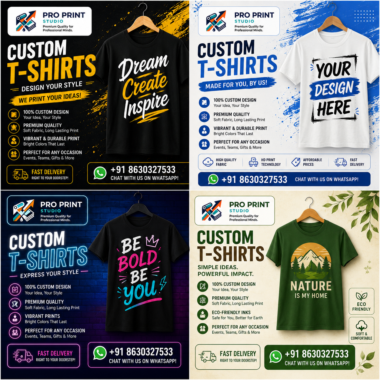 Costomized printed T-shirts.