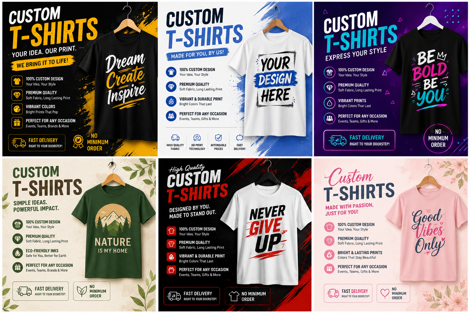 Costomized printed T-shirts.